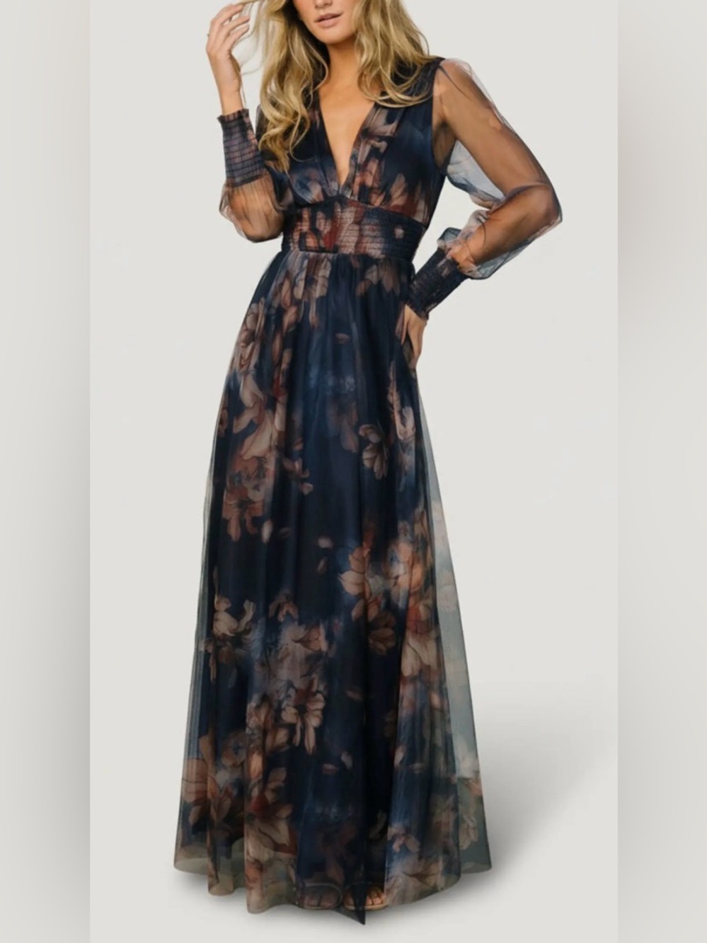Baltic Born Navy Floral V-Neck Sheer Sleeve Maxi Layla Dress
